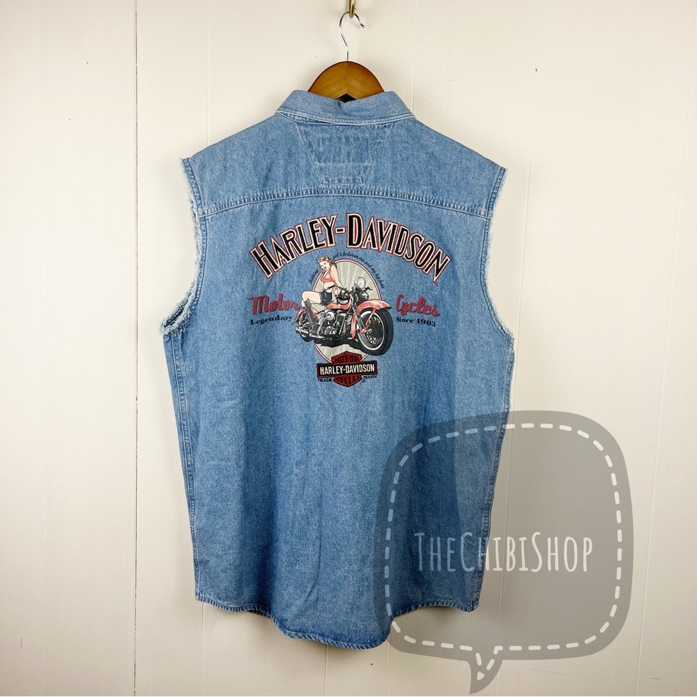 Harley Davidson Logo Spell out Denim Vest Biker sz Large